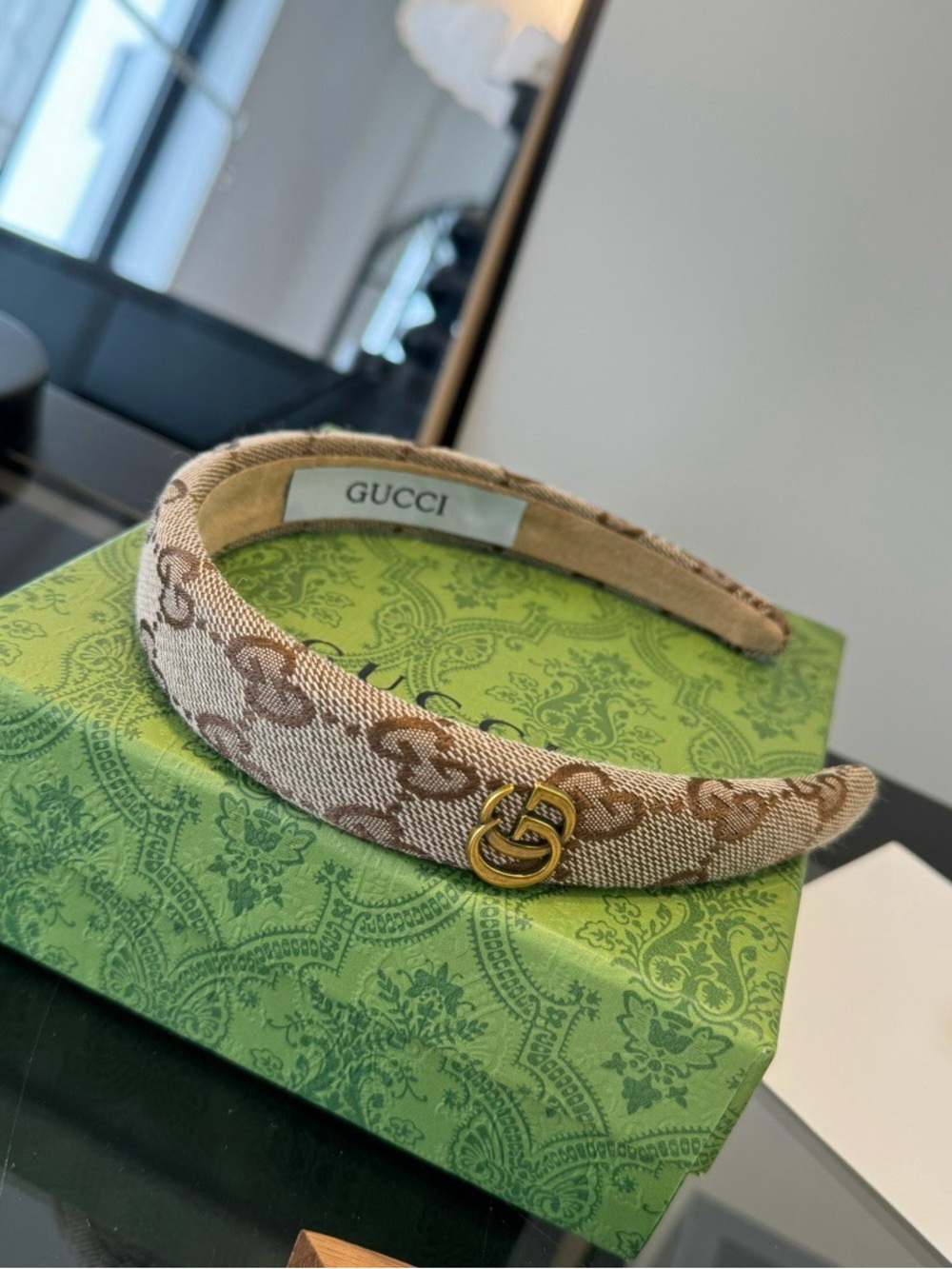 Gucci Beige and Brown GG Canvas Headband with Gold Double G Accent